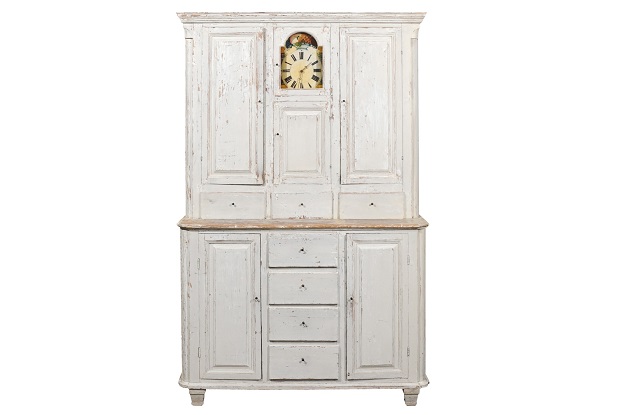 Swedish 1810s Painted Wood Clock Cupboard with Doors and Drawers
