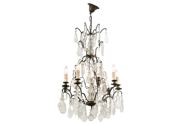 French Six-Light Crystal Chandelier with Iron Armature, Pendeloques and Obelisks