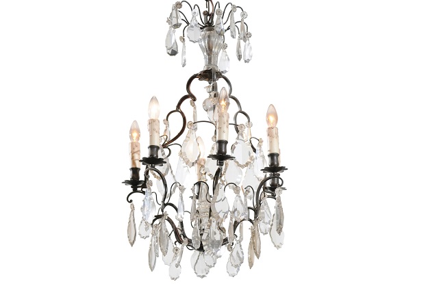 French 19th Century Crystal Six-Light Chandelier with Iron Armature and Obelisk