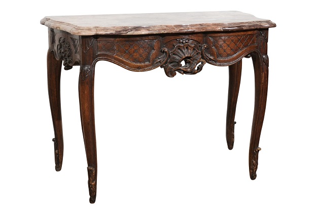 French 1720s Régence Period Walnut Console Table with Original Marble Top