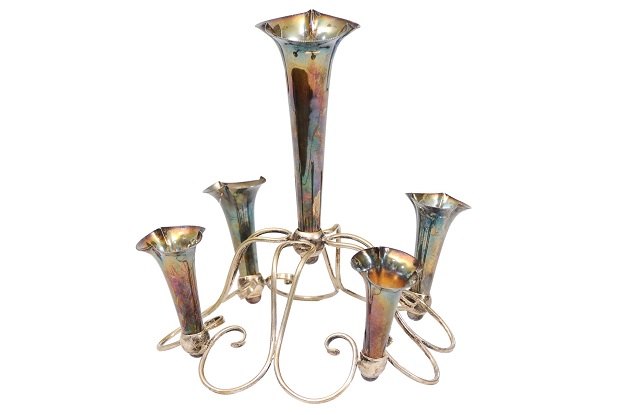 English Edwardian Period Early 20th Century Silver Epergne with Five Flute Vases