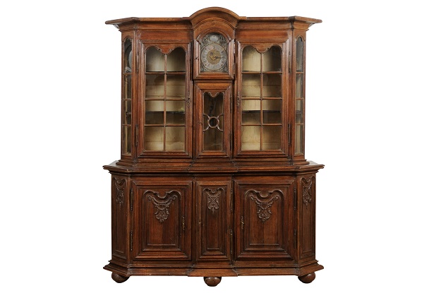 Dutch 1793s Carved Oak Buffet à Deux-Corps with Glass Doors and Pewter Clock