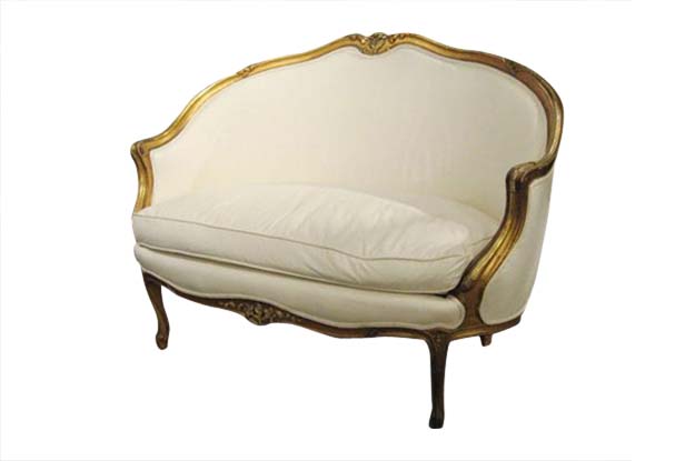 French, 1860s Louis XV Style Upholstered Giltwood Petite Sofa with Carved Crest