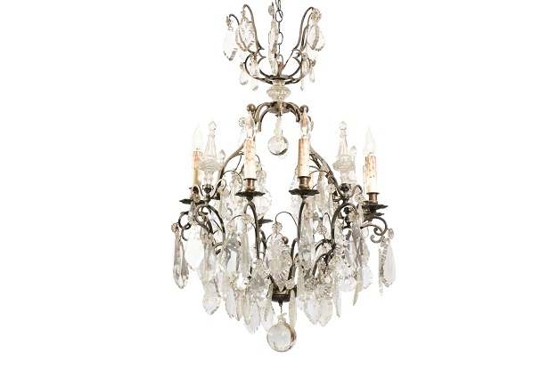 French 1890s Eight-Light Crystal Chandelier with Bronze Armature and Obelisks