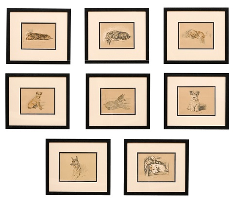 Set of 8 English Lucy Dawson Prints Depicting Dogs in Black Frames under Glass. 