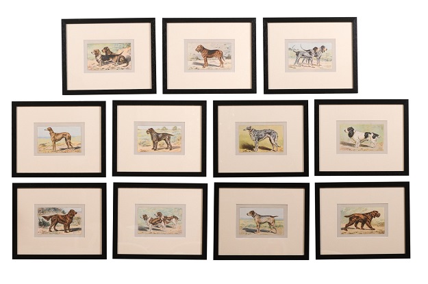 P. Mahler Custom Framed Lithographs Depicting Hunting Dogs in Outdoor Scenes