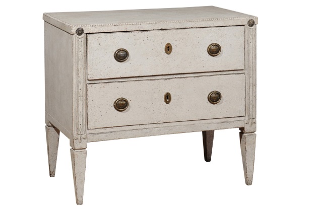 Swedish 19th Century Gustavian Style Painted Two-Drawer Chest with Carved Motifs