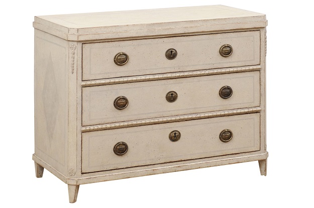 Swedish Gustavian Style 1860s Painted Wood Three-Drawer Chest with Carved Motifs