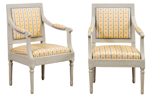 Pair of Swedish Gustavian Style 1890s Painted Wood Armchairs with Guilloches