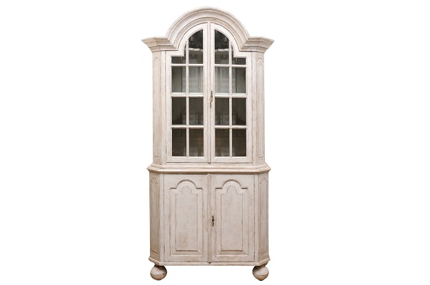 Swedish Rococo Period 1760s Painted Cabinet with Bonnet Top and Glass Doors
