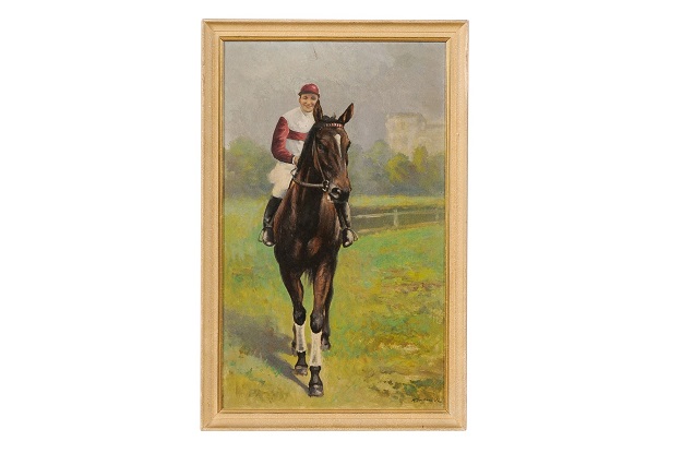 French 1930s Framed Oil on Board Portrait of a Jockey on His Brown Horse