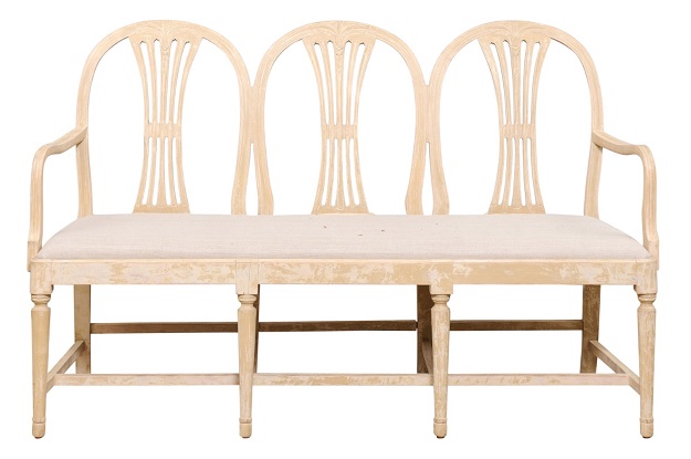 Swedish 1910s Gustavian Style Painted Three-Seat Sofa Bench with Upholstery