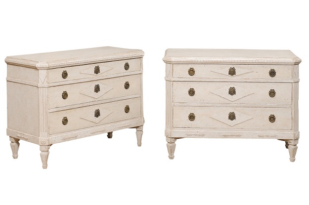 Pair of Swedish 1890s Painted Wood Gustavian Style Three-Drawer Chests