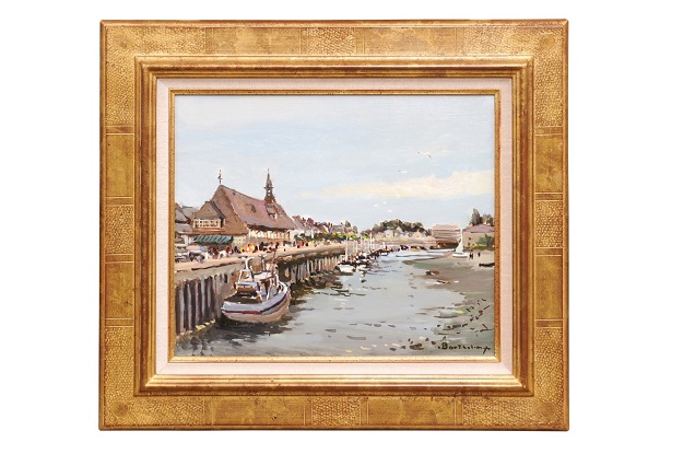 French Framed Oil Painting Depicting the Harbor of Trouville, Signed Barthélémy
