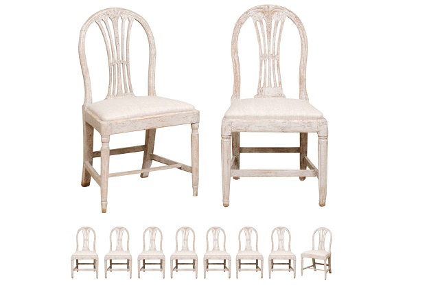 Set of Ten Swedish Gustavian Wheat Back Dining Room Side Chairs with Upholstery