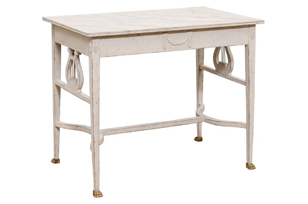 Swedish Neoclassical Style Painted Hall Table with Lyre Motifs and Lion Feet