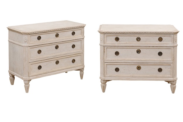 ON HOLD - Pair of Swedish Gustavian Style 1890s Painted and Carved Three Drawer Chests