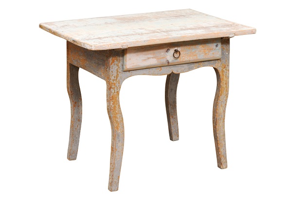 SOLD - Swedish 1790s Folk Art Side Table with Drawer and Rococo Style Cabriole Legs
