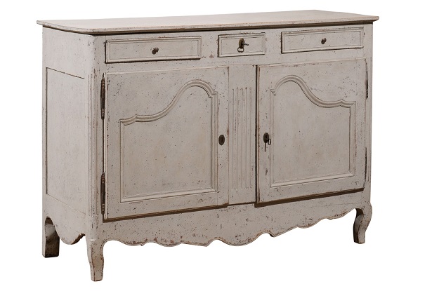 French 19th Century Painted Buffet with Drawers, Doors and Distressed Finish