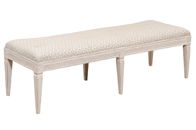 SOLD - Swedish 1890s Gustavian Style Bench with Carved Rosettes and Arched Motifs