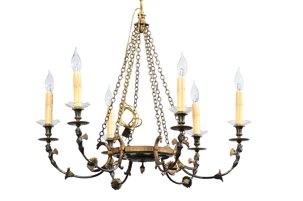 Russian Empire Style Black and Gold Six-Light Chandelier with Classical Figures