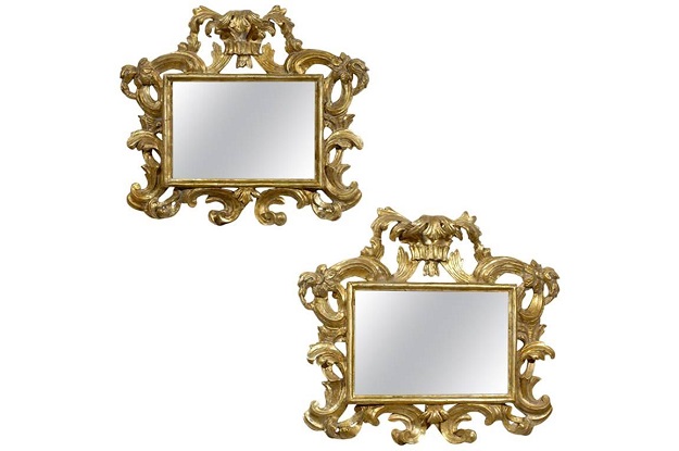 Pair of Italian Rococo Style Carved Giltwood Mirrors with Scroll Motifs, 1890s