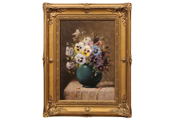 French 19th Century Still-Life Oil Painting Depicting Pansies in Giltwood Frame