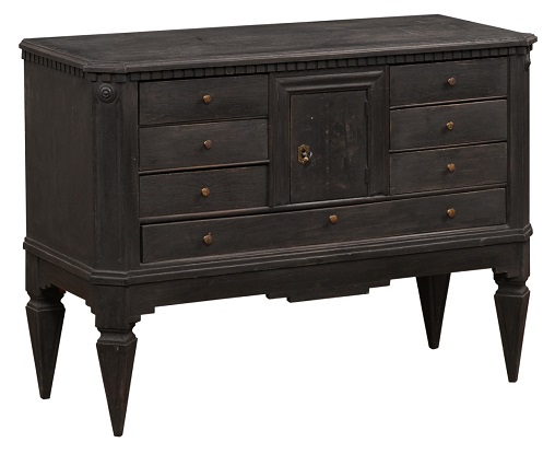 Swedish 1855s Black Painted Chest with Central Door and Seven Drawers