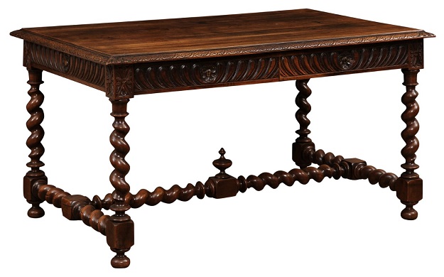 SOLD - French Louis XIII Style 19th Century Walnut Barley Twist Desk with Stretcher