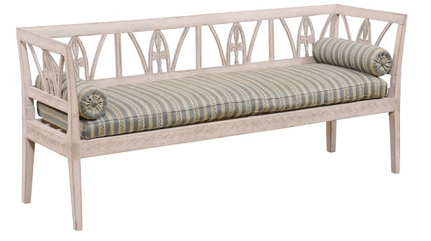 SOLD - Swedish Late Gustavian 1820s Painted Wood Sofa Bench with Foliage Carved Back