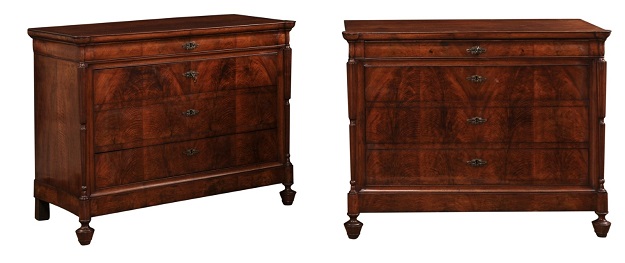 SOLD - Pair of Italian 19th Century Butterfly Veneer Burl Wood Four-Drawer Commodes