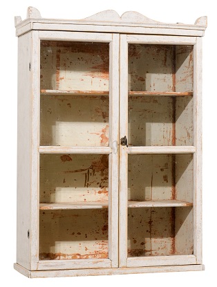 Swedish 1850s Light Grey Painted Wall Cabinet with Glass Doors and Distressing