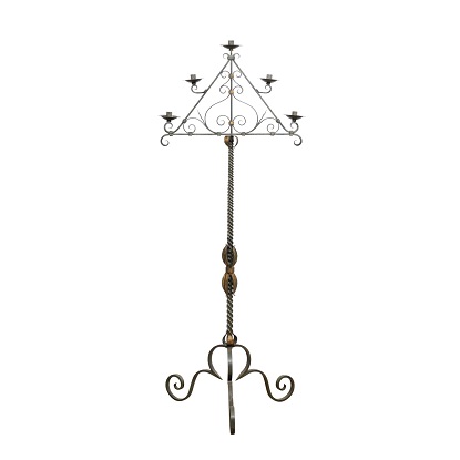 French Wrought Iron Five Light Candelabra with Celadon Lacquer and Gilt Accents