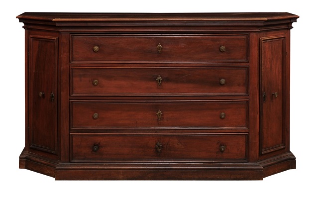 Italian 17th Century Walnut Dresser with Four Drawers and Canted Lateral Doors