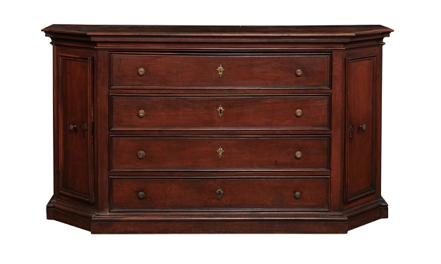 Italian 17th Century Walnut Dresser with Four Drawers and Canted Side Doors