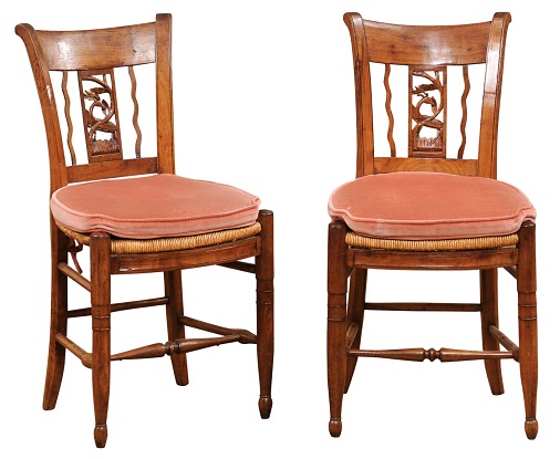Pair of French Directoire Period Walnut Side Chairs with Carved Stags
