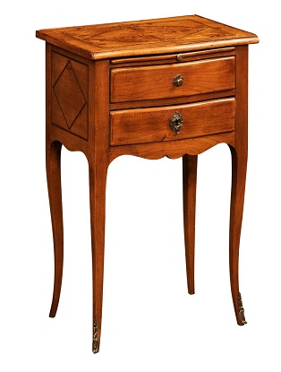 French Louis XV Style Bedside Table with Inlaid Top, Two Drawers and Pull-Out