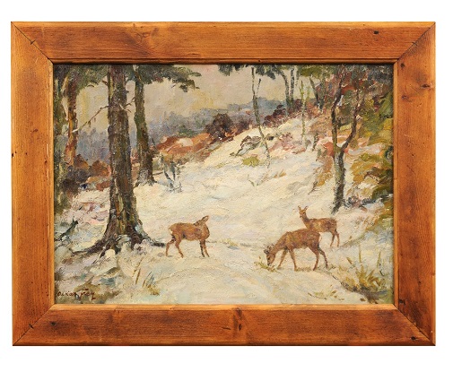 Deer in the Snowy Forest, Oil on Canvas Painting by Oskar Frey in Fir Frame
