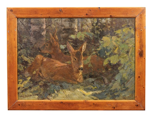 August Specht 1917 Oil Painting Titled Deer in the Woods in Old Fir Tree Frame