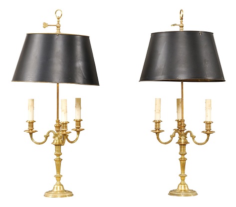 Pair of French 1900s Bronze Bouillotte Lamps with Candelabras and Tôle Shades