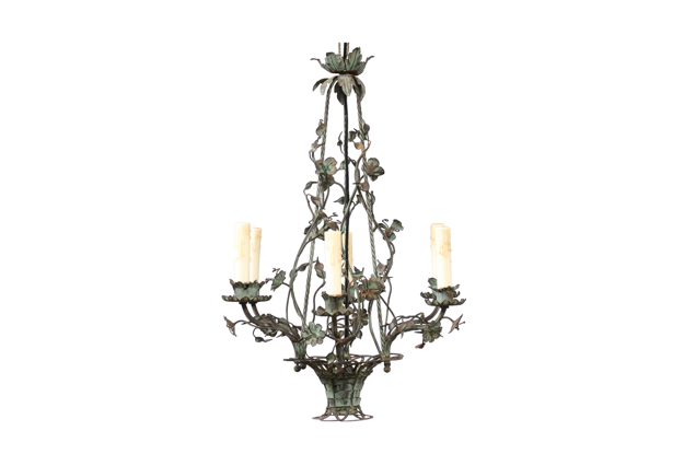 SOLD - French Belle Époque 1900s Painted Iron Six-Light Chandelier with Floral Décor