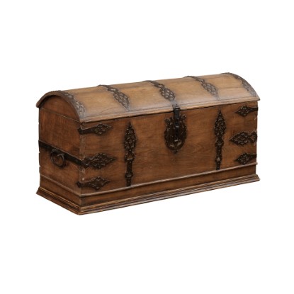 Austrian 18th Century Oak Trunk with Domed Lid and Ornate Iron Hardware