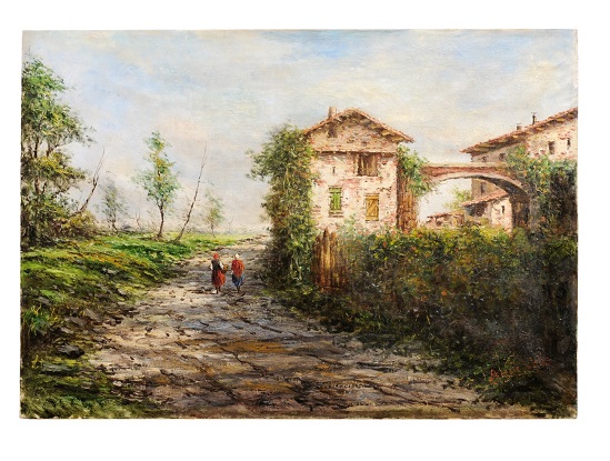 Austrian Oil Painting by Anton Brioschi Depicting a Farm Scene with Two Maidens