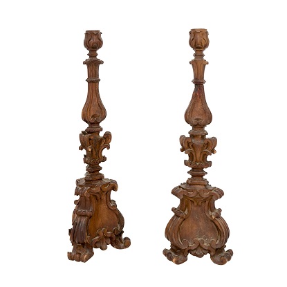 SOLD:  Pair of Italian 17th Century Baroque Period Altar Candlesticks with Carved Décor