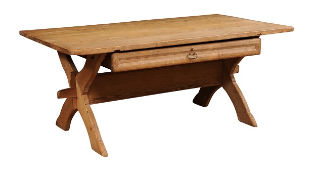 Swedish 1790s European Pine Sawbuck Table with Drawer and Double X-Form Legs