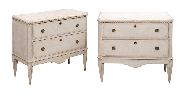 SOLD - Pair of Swedish Gustavian Style Painted 19th Century Carved Two-Drawer Chests