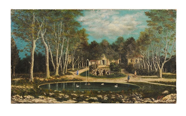 French 19th Century Oil on Canvas Hamlet Painting with Circular Fountain