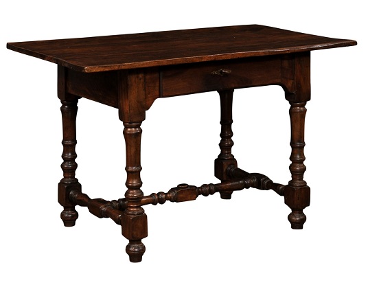 French Louis XIII Style 19th Century Walnut Table with Turned Legs and Stretcher
