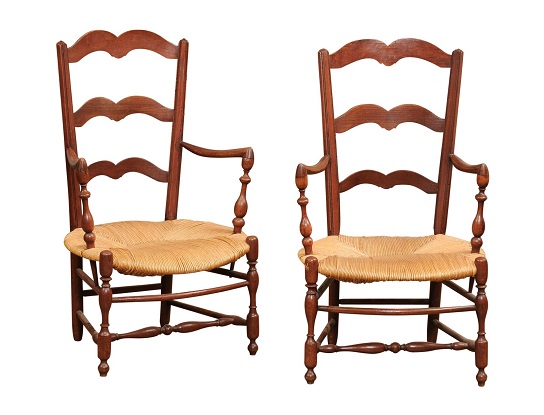 Rustic French 19th Century Walnut Armchairs with Rush Seats, Sold Individually