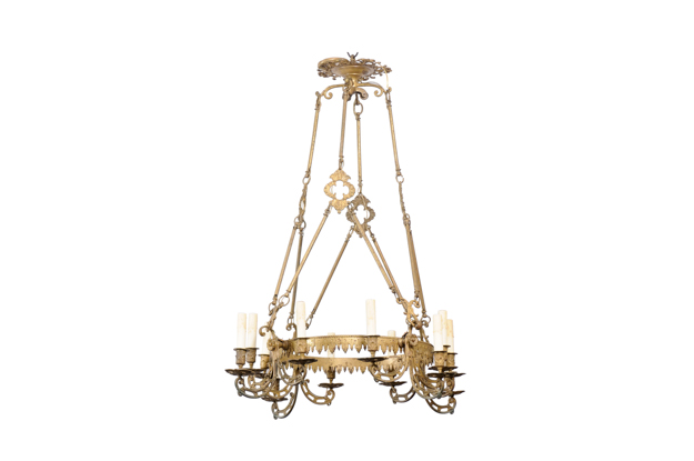 French 19th Century Bronze Twelve Light Ring Chandelier with Scrolling Arms